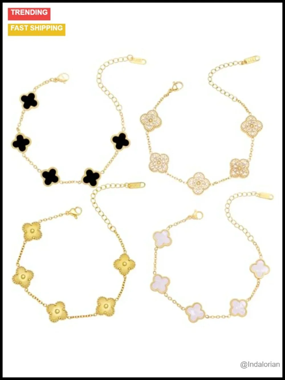 18K Gold Plated Stainless Steel Four Leaf Clover Link Bracelet Set Adjustable